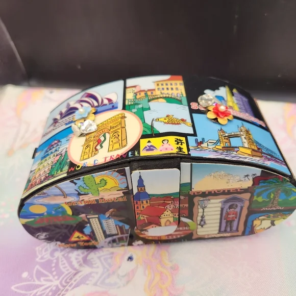 Vintage Unique Colorful Travel Themed Jewelry Box